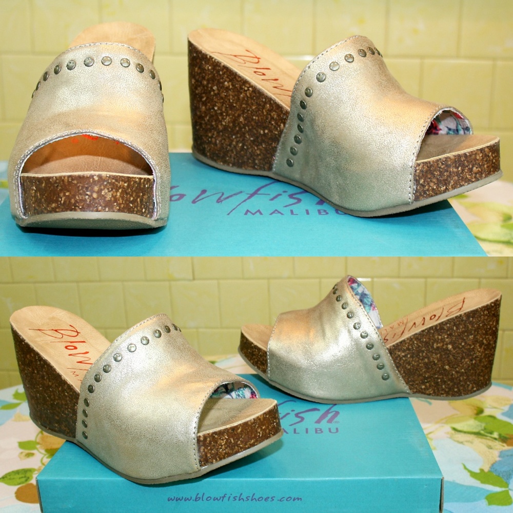 Studded Metallic Vegan Leather Wedge Sandal NIB - Picture 8 of 8